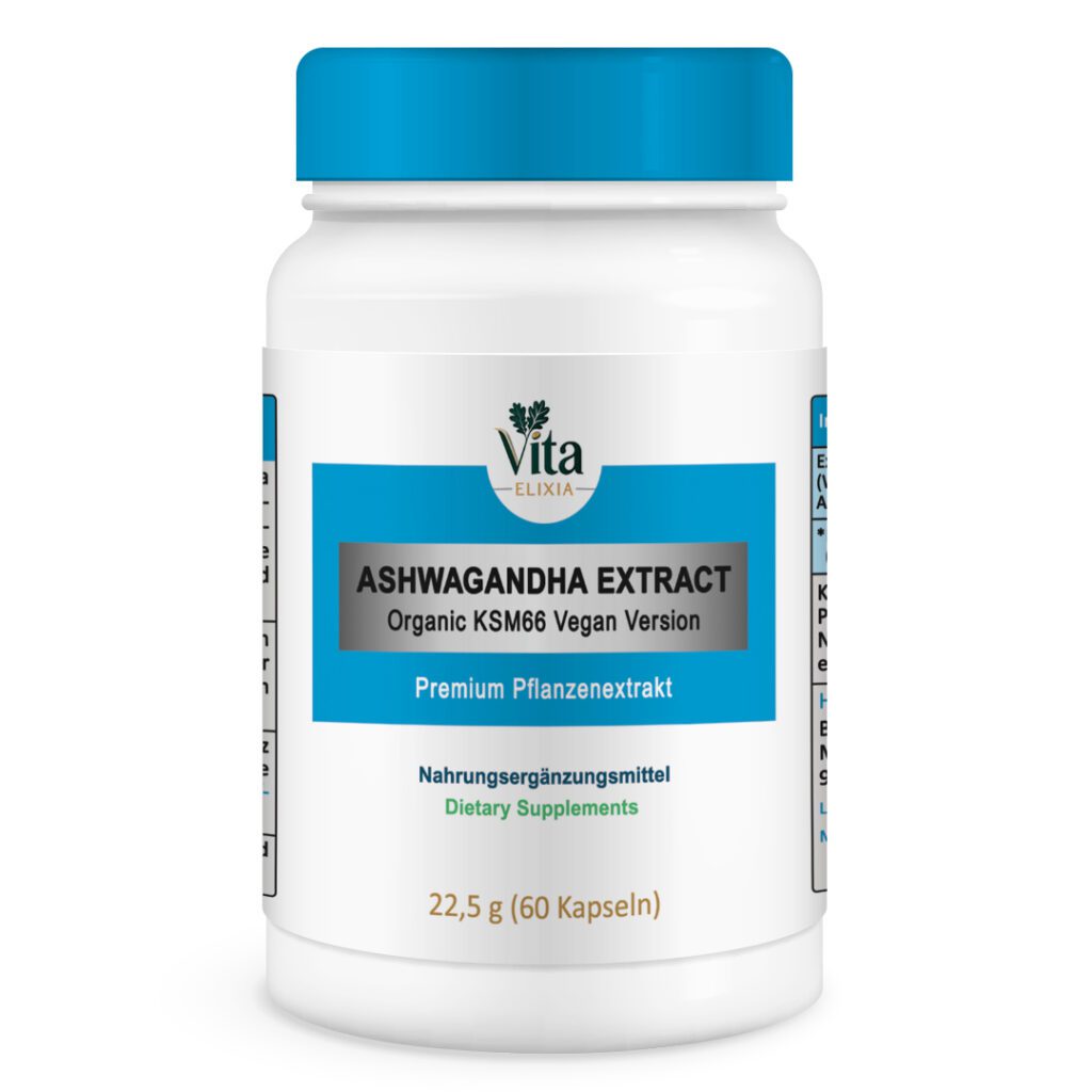Vita Elixia Ashwagandha Extract Organic KSM66 veganes Nahrungsergänzungsmittel Flasche mit blauer Kappe und Etikett, 60 Kapseln.
