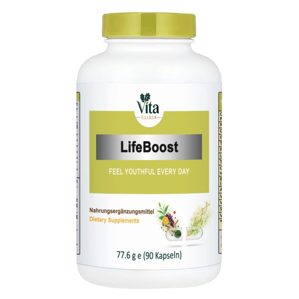 Vita Elixia LifeBoost Nahrungsergänzungsmittel Flasche mit grünem Verschluss und Etikett, 90 Kapseln.