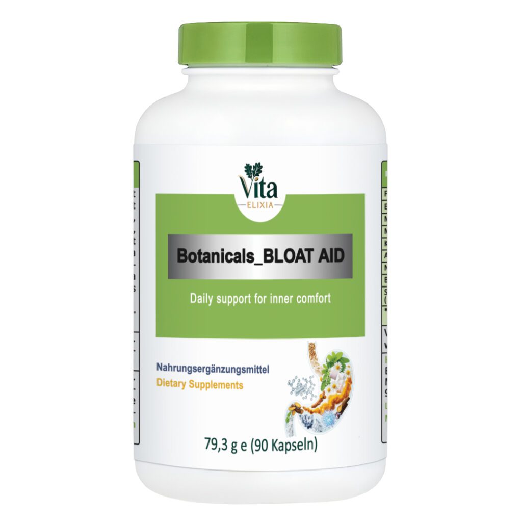 Vita Elixia Botanicals_Bloat Aid Nahrungsergänzungsmittel Flasche mit hellgrüner Kappe und Etikett, 90 Kapseln.