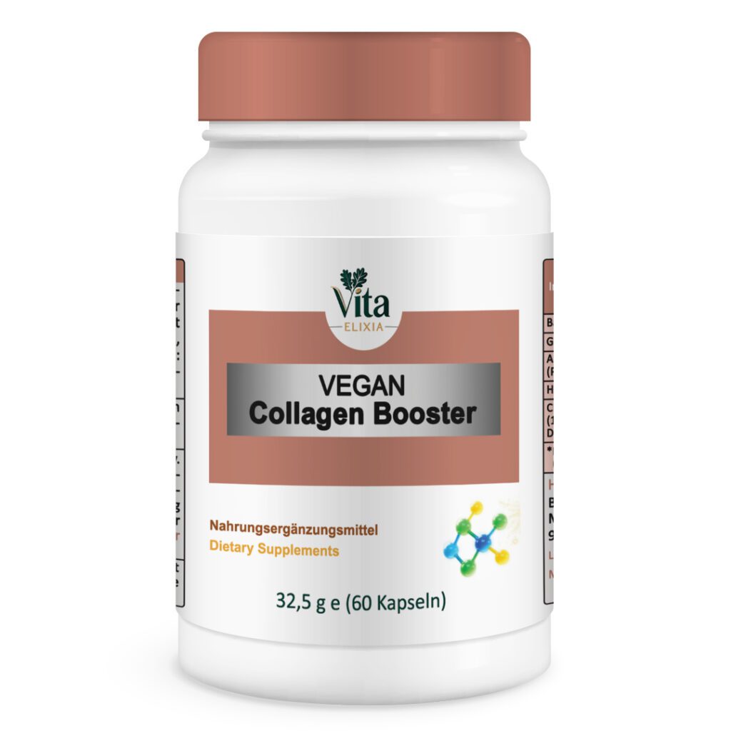 Vita Elixia Vegan Collagen Booster Nahrungsergänzungsmittel Flasche mit rosa-beiger Kappe und Etikett, 60 Kapseln.