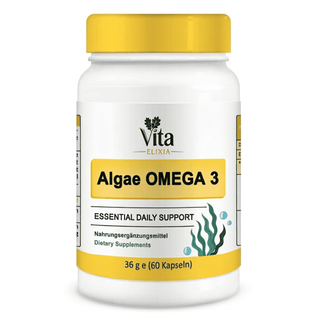 Vita Elixia Algen Omega 3 Nahrungsergänzungsmittel Flasche mit leuchtend gelber Kappe und Etikett, 60 Kapseln.
