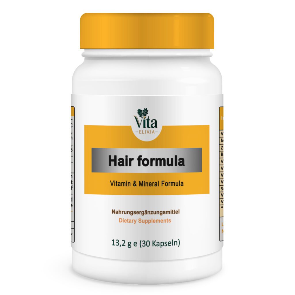 Vita Elixia Hair Formula Vitamin- und Mineralstoffpräparat Flasche mit orange-gelber Kappe und Etikett, 30 Kapseln.
