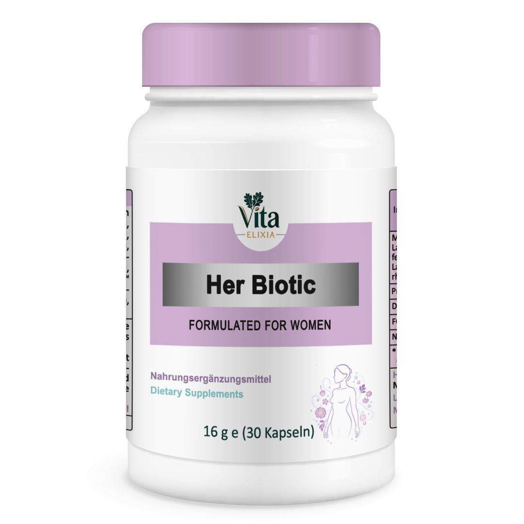Her-Biotic_mockup(2) Vita Elixia Her Biotic formuliert für Frauen Nahrungsergänzungsmittel Flasche mit Lavendel Kappe und Etikett, 30 Kapseln.
