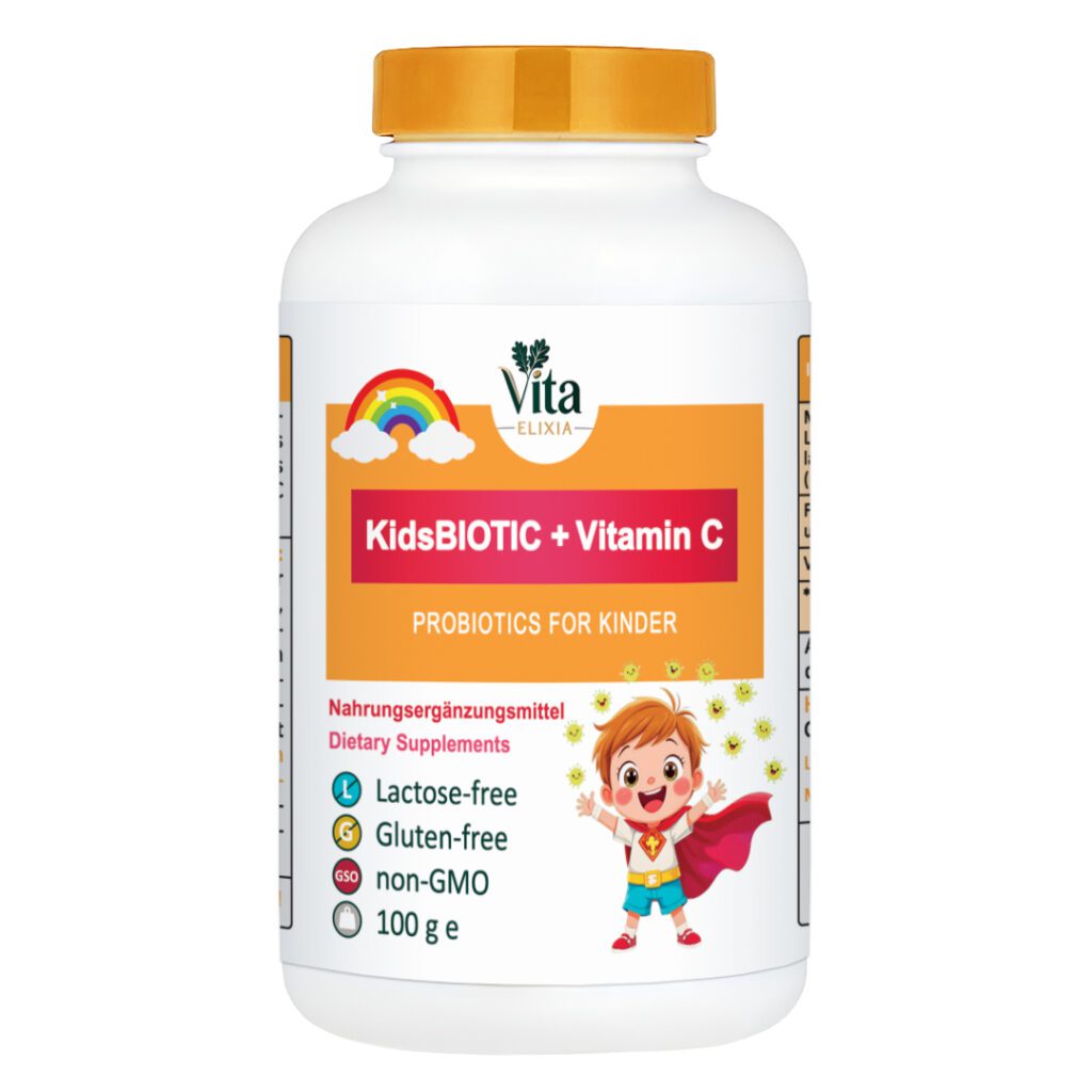 Vita Elixia KidsBIOTIC plus Vitamin C Nahrungsergänzungsmittel Flasche mit orangefarbenem Verschluss und Etikett, mit einem Cartoon-Kind, 100 g.