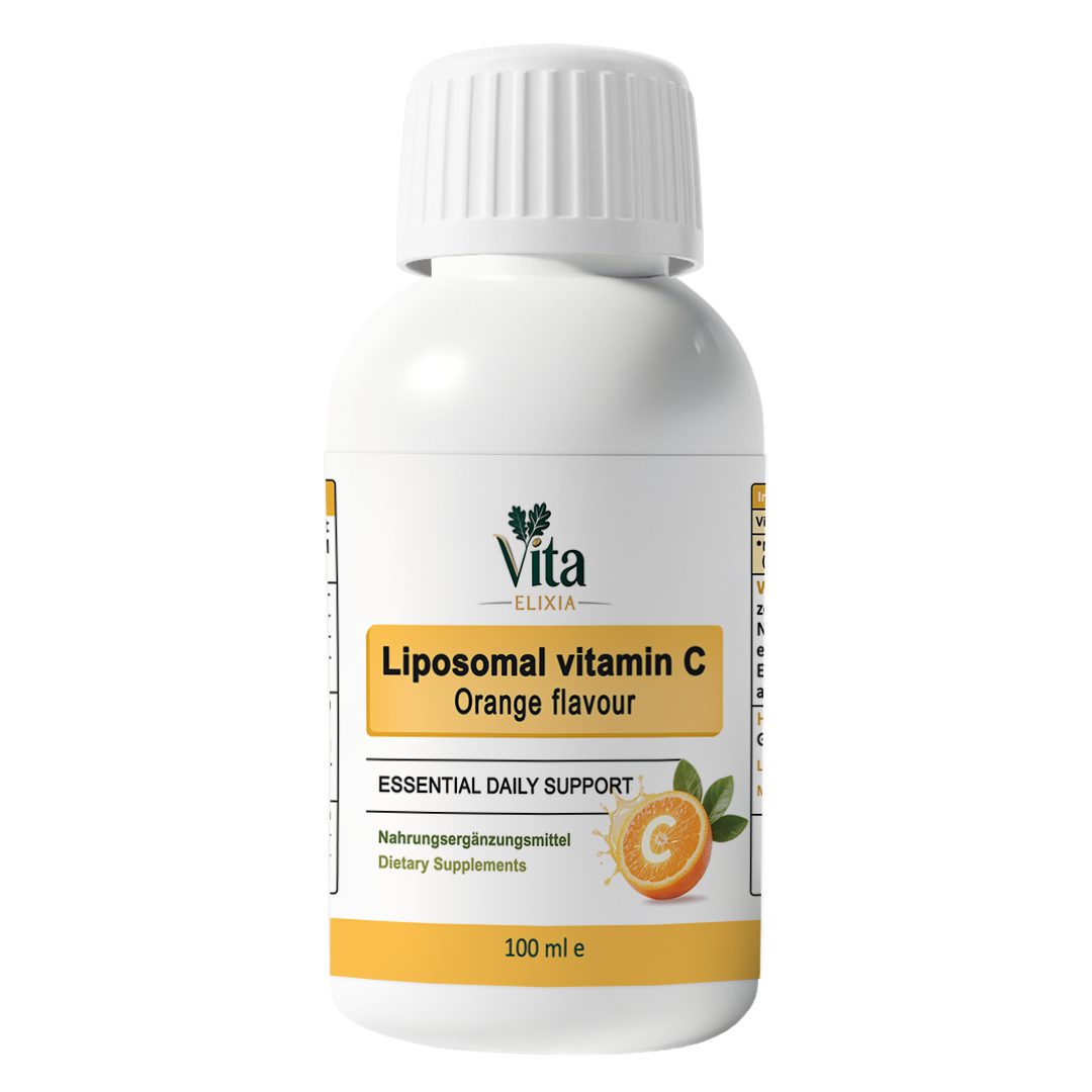 Liposomales--Vitamin-C_mockup(2) Vita Elixia liposomales Vitamin C Orangengeschmack flüssiges Nahrungsergänzungsmittel Flasche mit weißem Verschluss, 100 ml.