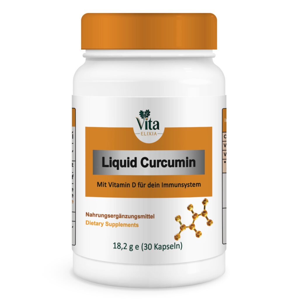 Vita Elixia Liquid Curcumin Nahrungsergänzungsmittel Flasche mit orangefarbenem Verschluss und Etikett, 30 Kapseln.