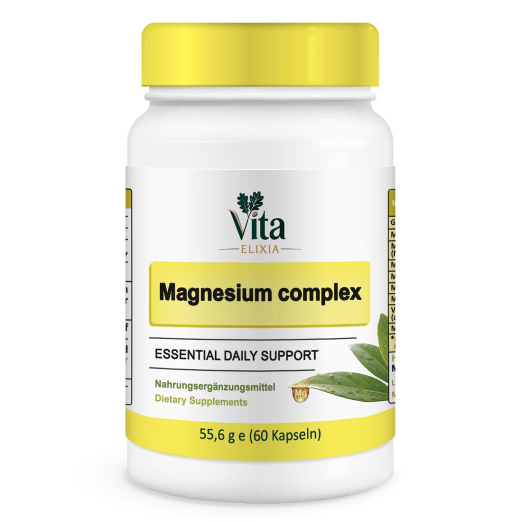 Vita Elixia Magnesium Complex Nahrungsergänzungsmittel Flasche mit gelber Kappe und Etikett, 60 Kapseln.