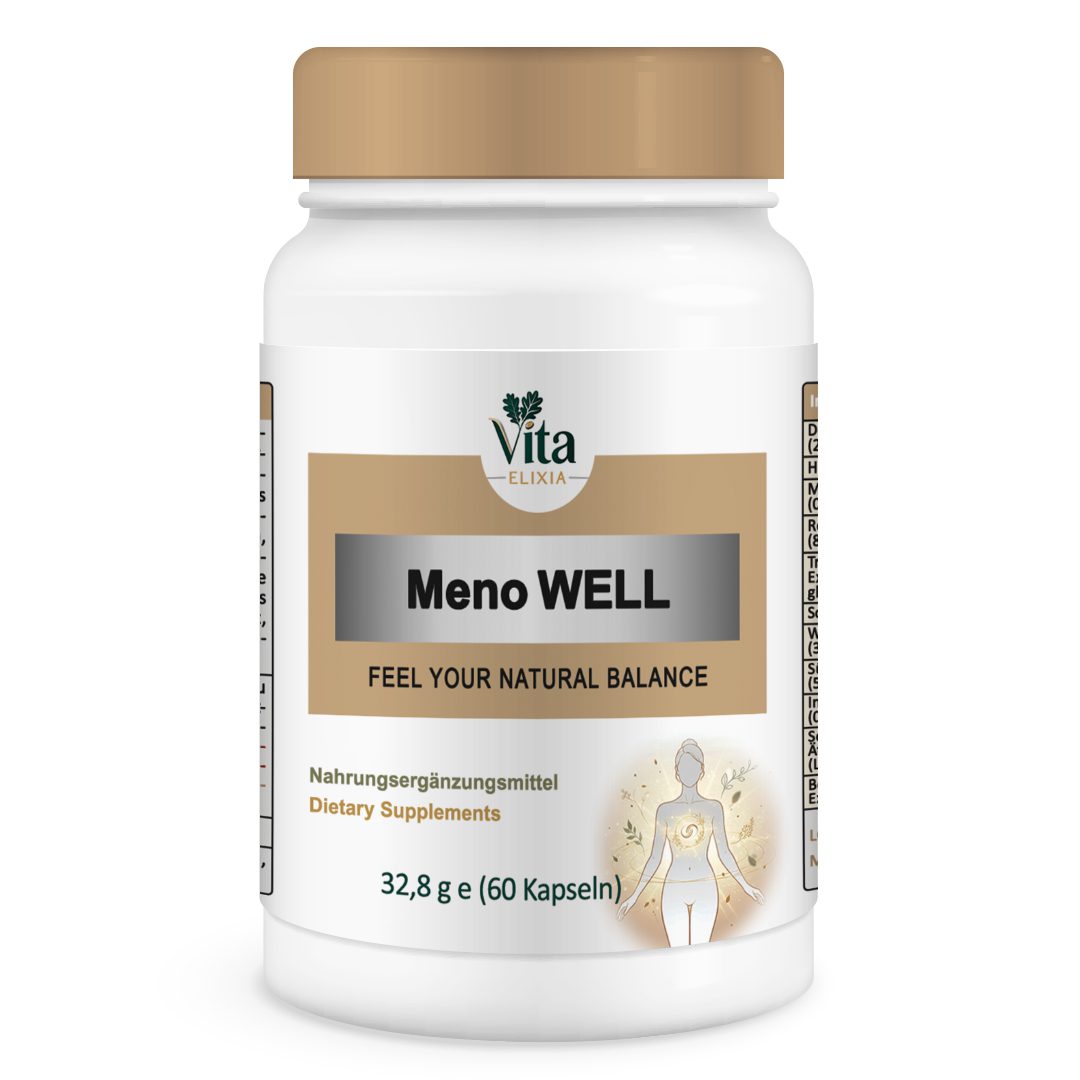 Meno-WELL_mockup(2) Vita Elixia Meno Well Nahrungsergänzungsmittel Flasche mit beigem Verschluss und Etikett, 60 Kapseln.