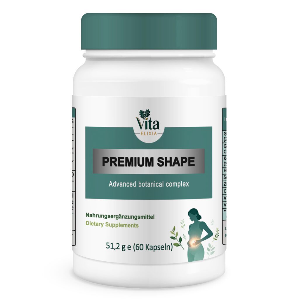 Vita Elixia Premium Shape fortschrittlicher pflanzlicher Komplex Flasche mit tealfarbenem Verschluss und Etikett, 60 Kapseln.