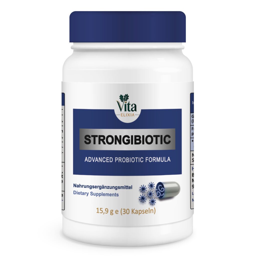 Vita Elixia Strongibiotic advanced probiotic formula Flasche mit dunkelblauer Kappe und Etikett, 30 Kapseln.