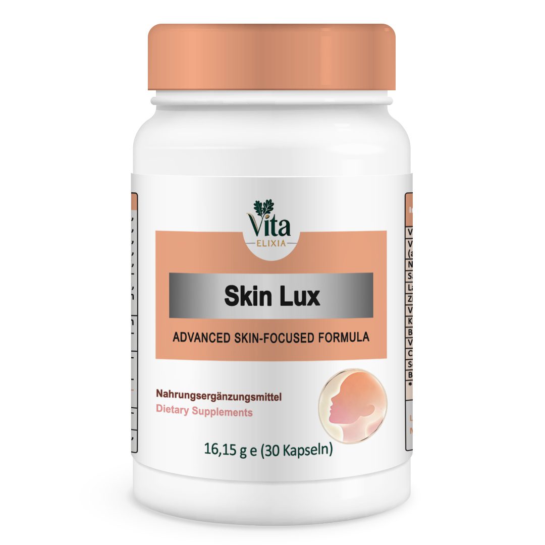 Skin-Lux_mockup(2) Vita Elixia Skin Lux fortschrittliche, auf die Haut abgestimmte Formel, Flasche mit Pfirsichkappe und Etikett, 30 Kapseln.