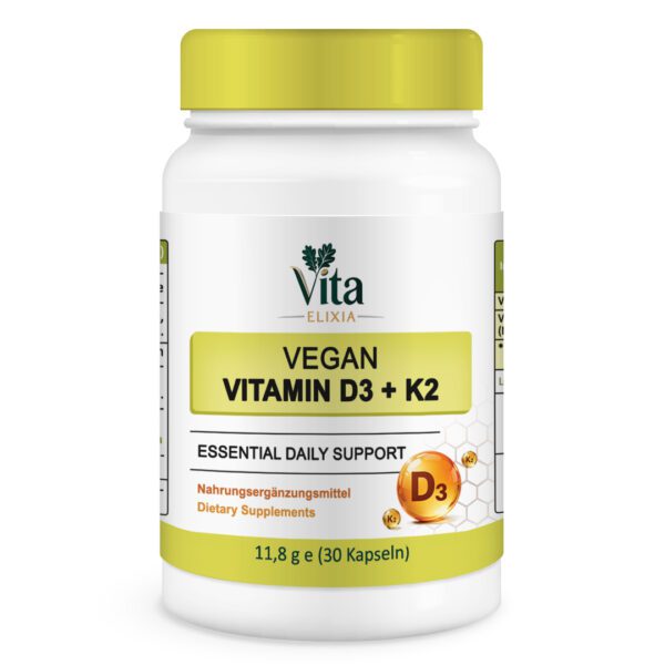 Vita Elixia Veganes Vitamin D3 plus K2 Nahrungsergänzungsmittel Flasche mit gelb-grünem Verschluss und Etikett, 30 Kapseln.