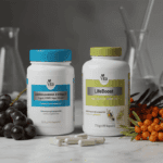 Ashwagandha and LifeBoost supplement bottles with fresh grapes and sea buckthorn in a clean laboratory setting.