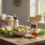 Fresh salad with avocado and tomatoes beside organic argan oil and honey, representing a natural wellness lifestyle in Bavaria.