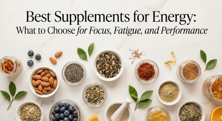 A decorative banner featuring text above an assortment of health-related supplements and ingredients on a marble background.