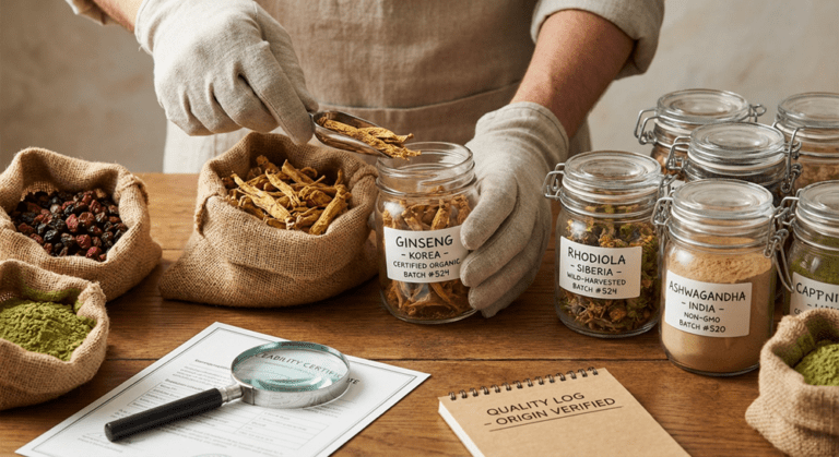 A photo from an herb quality control station. A person wearing beige gloves is using a metal scoop to transfer dried ginseng root from a burlap sack into a glass jar.