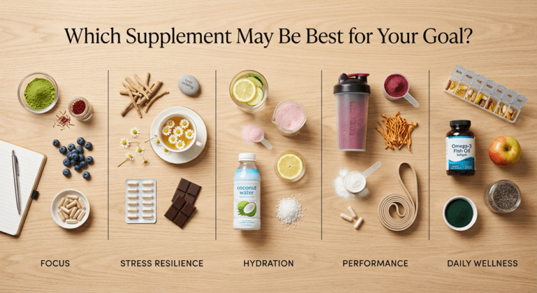 An infographic titled "Which Supplement May Be Best for Your Goal?" laid out on a light wooden surface with divided columns.
