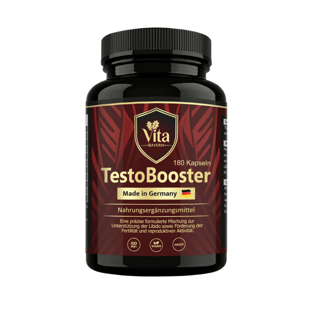 Eine Flasche mit 180 Kapseln Vita Elixia TestoBooster, ein in Deutschland hergestelltes Nahrungsergänzungsmittel zur Unterstützung von Libido, Fruchtbarkeit und Fortpflanzungsfähigkeit