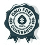 A circular black and white 100% GMO Free Guarantee seal with leaf icons