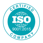 Teal and white ISO 9001:2015 Certified Company seal with a globe icon