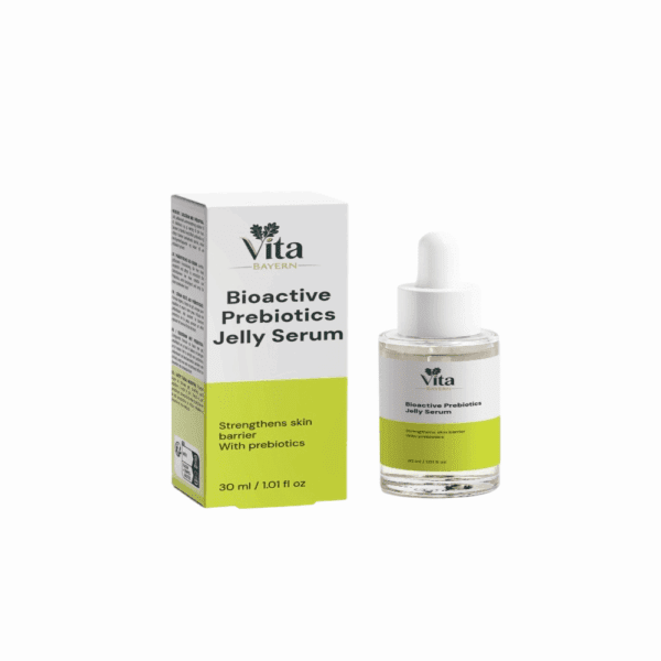 Eine 30ml Tropfflasche und die Verpackung von Vita Elixia Bioactive Prebiotics Jelly Serum, isoliert auf einem sauberen weißen Hintergrund, der die die Hautbarriere stärkende Formel hervorhebt