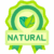 A vibrant green and yellow ribbon-style badge with leaf icons and "NATURAL" text, signifying natural product quality and eco-friendly standards