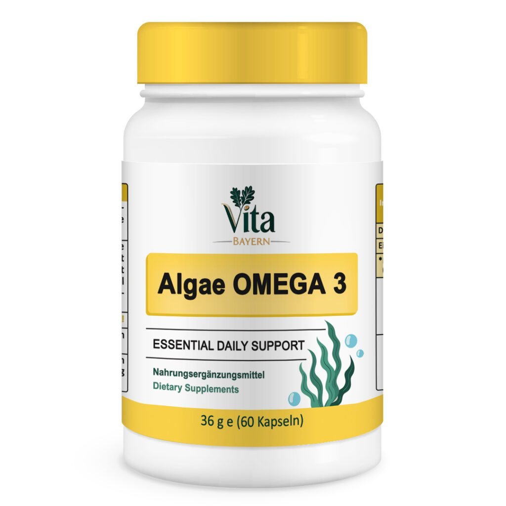 Eine weiße Flasche mit Vita Elixia Algae OMEGA 3 "Essential Daily Support" Kapseln, mit einer Abbildung einer grünen Alge und dem Hinweis, dass sie 60 Kapseln enthält.