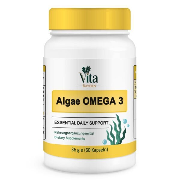 Eine weiße Flasche mit Vita Elixia Algae OMEGA 3 "Essential Daily Support" Kapseln, mit einer Abbildung einer grünen Alge und dem Hinweis, dass sie 60 Kapseln enthält.