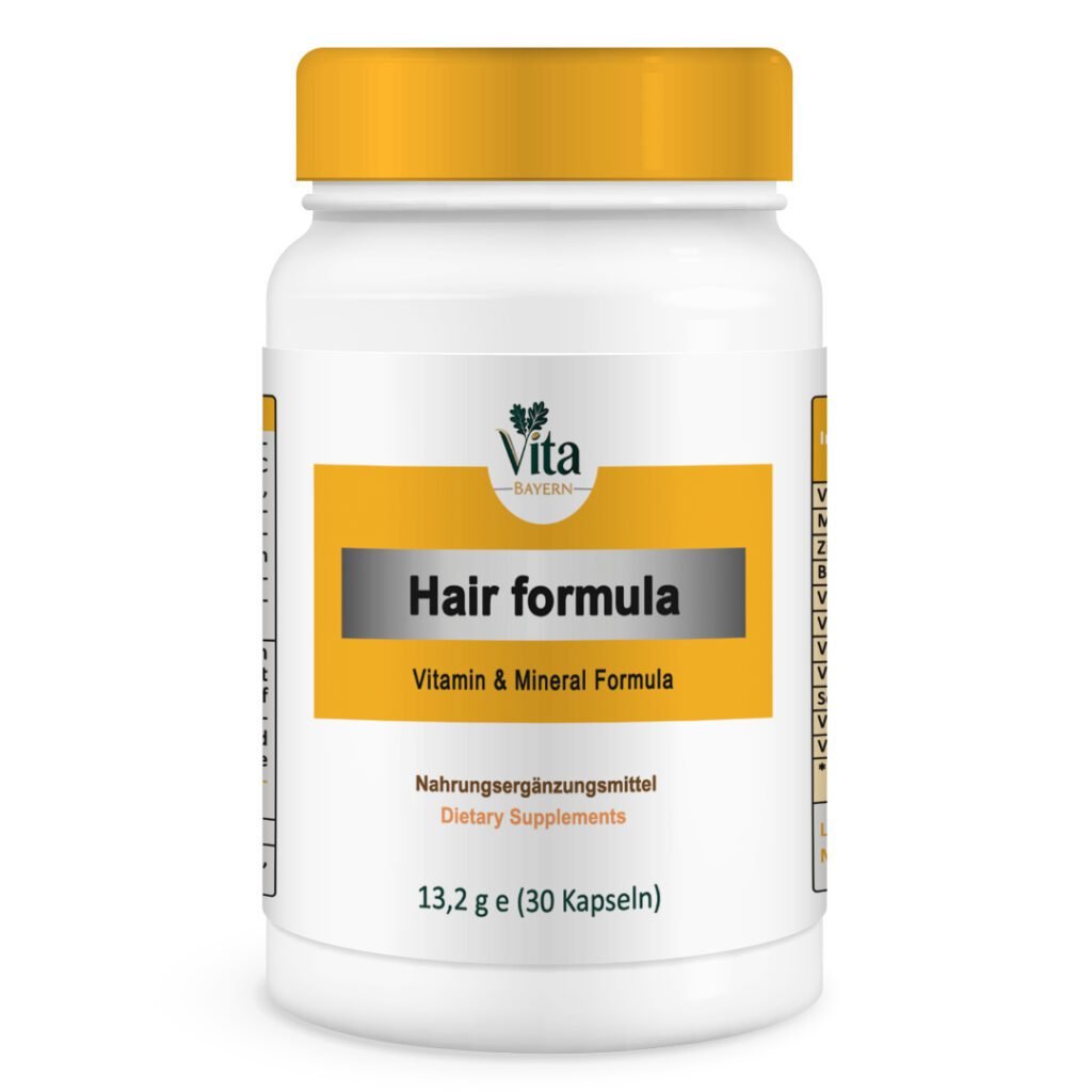 Ein weißes Fläschchen mit 30 Kapseln "Hair Formula", einer Vitamin- und Mineralienmischung für gesundes Haar, mit orangefarbenem Verschluss und dem Vita Elixia-Logo