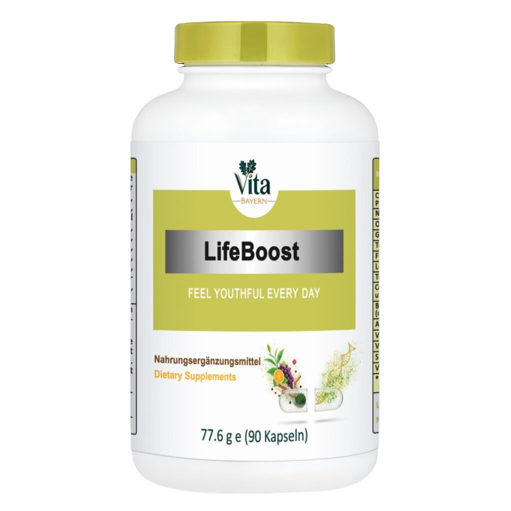 Eine weiße Flasche mit 90 Kapseln Vita Elixia LifeBoost mit dem Untertitel "Feel Youthful Every Day" (Fühlen Sie sich jeden Tag jugendlich) und der Abbildung einer geteilten Kapsel, die pflanzliche und molekulare Nährstoffe freisetzt