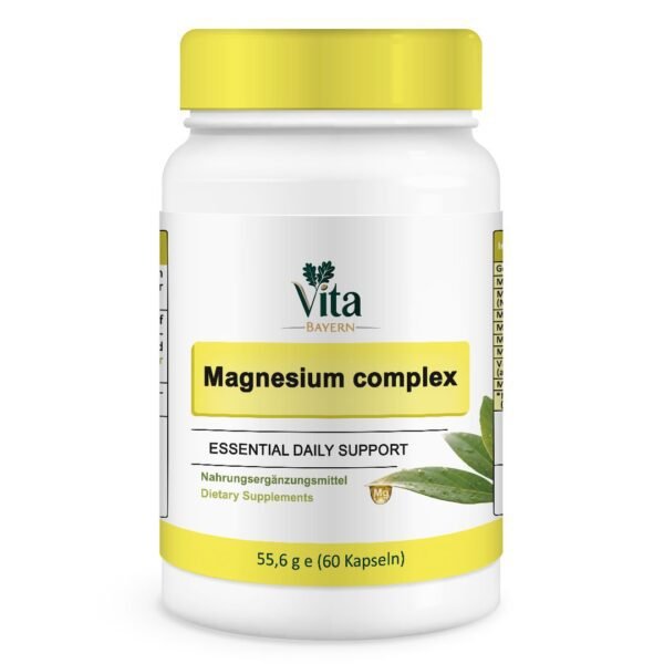 Ein weißes Fläschchen mit 60 Kapseln zur täglichen Unterstützung mit einem grünen Blatt und einem goldenen Magnesiumtröpfchen als Symbol