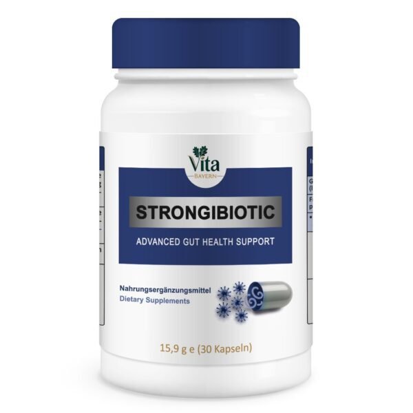 Eine Flasche mit 30 Kapseln der "STRONGBIOTIC Advanced Probiotic Formula" mit dunkelblauem Verschluss.
