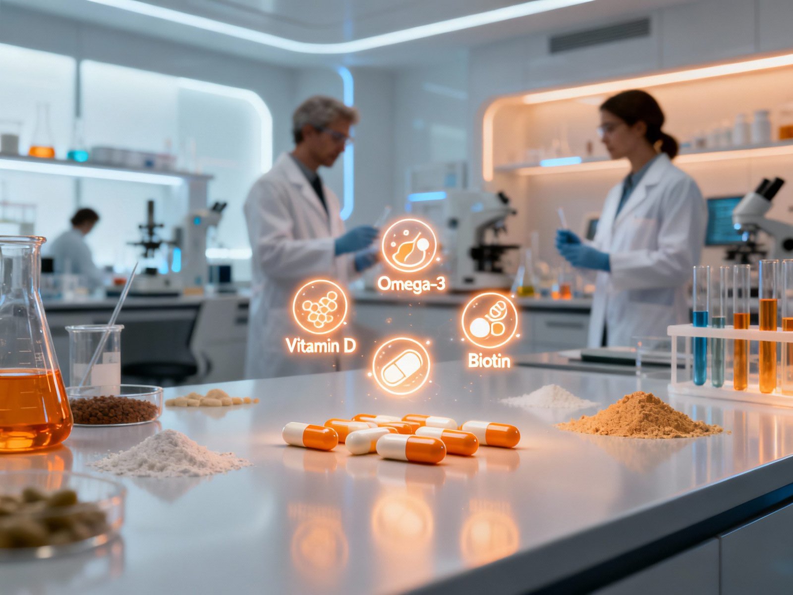 Scientists working in a modern laboratory with floating icons for Vitamin D, Omega-3, and Biotin