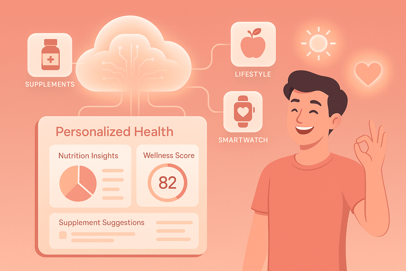 Illustration of a smiling man with a digital personalized health dashboard showing a wellness score, nutrition insights, and supplement suggestions.