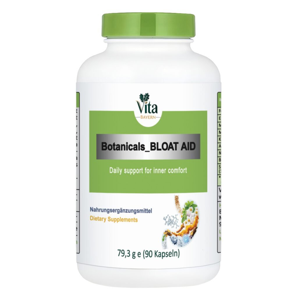 Ein weißes Fläschchen mit 90 Kapseln "Botanicals BLOAT AID" für inneres Wohlbefinden mit grüner Kappe und einer Illustration des Verdauungssystems mit pflanzlichen Inhaltsstoffen.