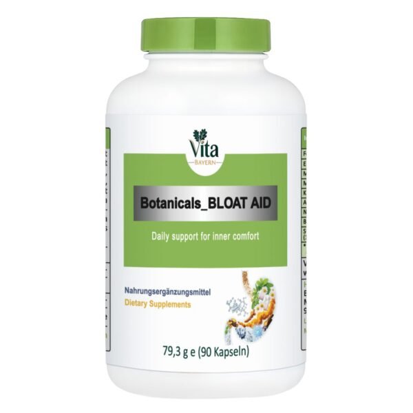 Ein weißes Fläschchen mit 90 Kapseln "Botanicals BLOAT AID" für inneres Wohlbefinden mit grüner Kappe und einer Illustration des Verdauungssystems mit pflanzlichen Inhaltsstoffen.