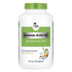 Vita Elixia Botanicals_Bloat Aid Nahrungsergänzungsmittel Flasche mit hellgrüner Kappe und Etikett, 90 Kapseln.