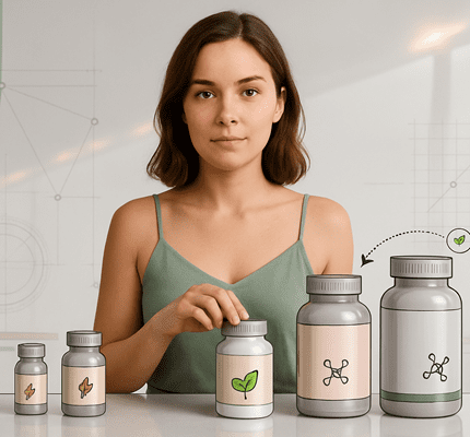 A woman in a green top standing behind a row of supplement bottles in varying sizes, labeled with minimalist plant and molecular icons