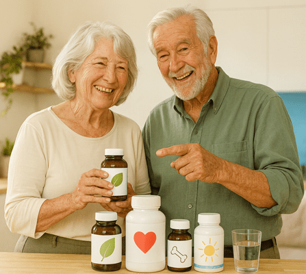 A smiling senior couple standing behind a wooden table featuring various Vita Elixia supplement bottles marked with leaf, heart, bone, and sun icons