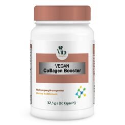 Eine weiße Flasche mit 60 Kapseln des Nahrungsergänzungsmittels "Vegan Collagen Booster" mit einer braunen Kappe und einem bunten Symbol für die Molekularstruktur.