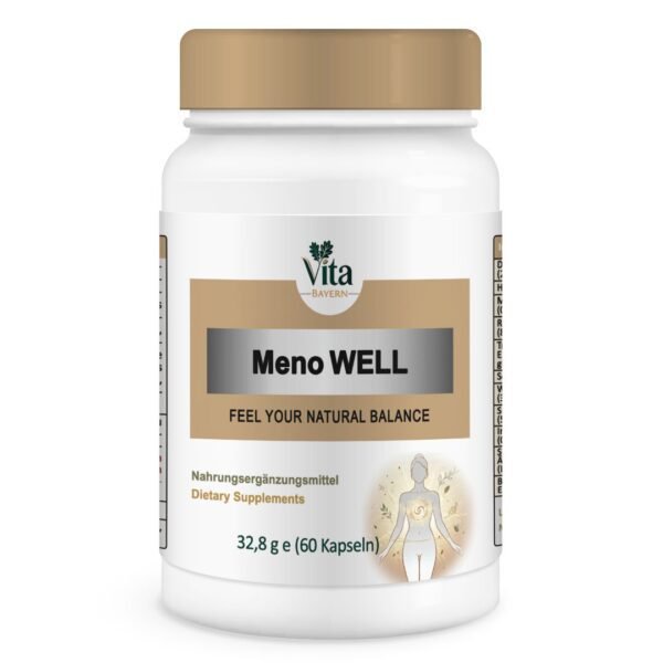 Ein weißes Fläschchen mit 60 Kapseln von "Meno WELL" mit dem Untertitel "Feel Your Natural Balance" (Fühlen Sie Ihr natürliches Gleichgewicht), mit einer hellbraunen Kappe und der Illustration einer weiblichen Silhouette mit einem glühenden Kern.