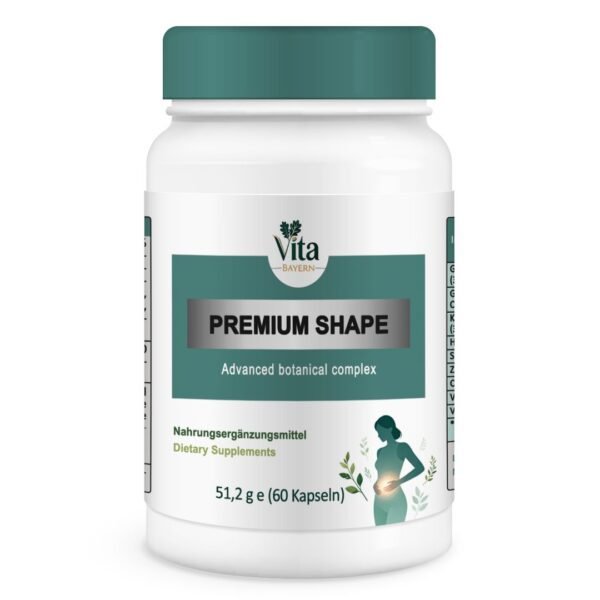 Ein weißes Fläschchen mit 60 Kapseln von "PREMIUM SHAPE", einem fortschrittlichen pflanzlichen Komplex zur Unterstützung der Ernährung, mit einem dunkelgrünen Deckel und der Silhouette einer Frau mit einem strahlenden Mittelteil.