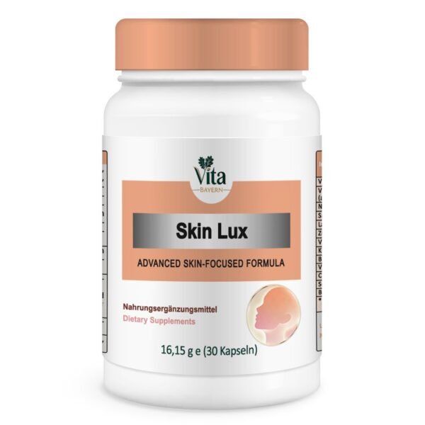 Ein weißer Flakon mit 30 Kapseln von "Skin Lux", einer fortschrittlichen, auf die Haut abgestimmten Formel, mit einem zart pfirsichfarbenen Verschluss und dem Profil einer Frau.