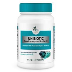Vita Elixia Unibiotic Saccharomyces Boulardii probiotisches Nahrungsergänzungsmittel Flasche mit türkisem Deckel und Etikett, 30 Kapseln.