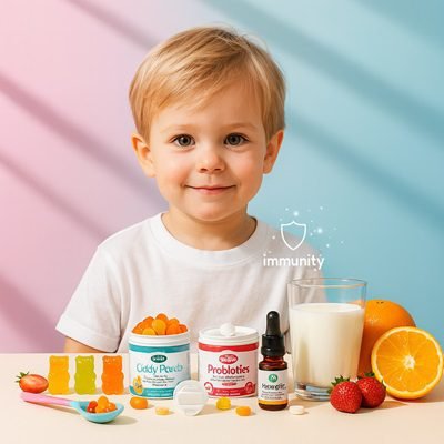 A smiling young boy sitting behind a table with gummy vitamins, probiotic supplements, a glass of milk, and fresh oranges, labeled with a shield "immunity" icon.