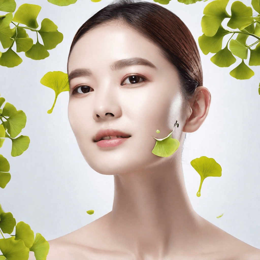 A woman with radiant skin surrounded by falling green ginkgo biloba leaves, representing Vita Elixia ginkgo biloba skincare.
