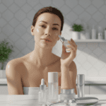 A woman with glowing skin applies facial serum from a dropper bottle, surrounded by premium bottled skincare products on a marble counter in a bright, modern bathroom