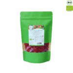 Ein hellgrüner 200g-Beutel Blumental Bayern Bio-Berberitzen mit einem Fenster, das die getrockneten roten Beeren und das EU-Bio-Siegel zeigt