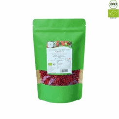 Ein hellgrüner 200g-Beutel Blumental Bayern Bio-Berberitzen mit einem Fenster, das die getrockneten roten Beeren und das EU-Bio-Siegel zeigt