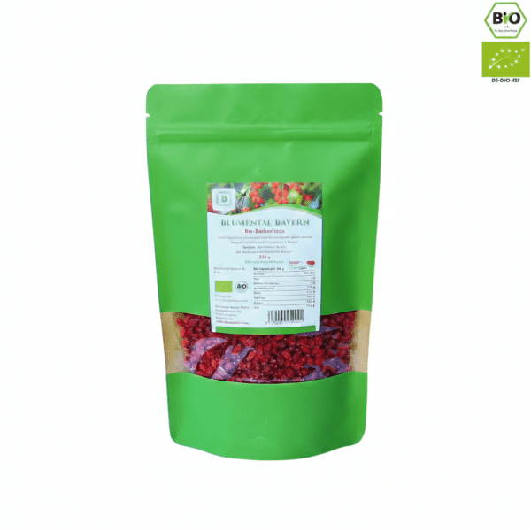 Ein hellgrüner 200g-Beutel Blumental Bayern Bio-Berberitzen mit einem Fenster, das die getrockneten roten Beeren und das EU-Bio-Siegel zeigt